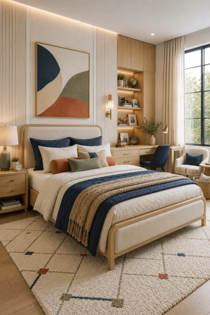 Luxury contemporary boy’s bedroom with designer-style furniture, layered neutral textures, sophisticated blue accents, custom storage, and modern 2026 decor.