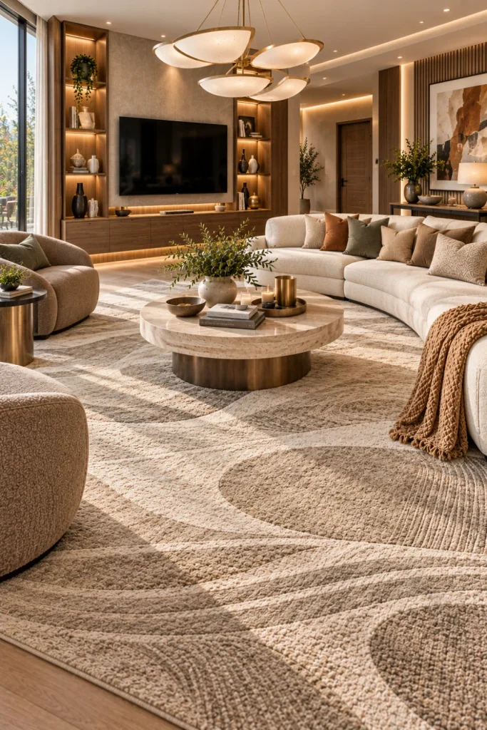 Luxury contemporary carpet anchoring an elegant modern living room with plush neutral seating, a stone coffee table, walnut cabinetry, a modern chandelier, and sophisticated layered lighting.