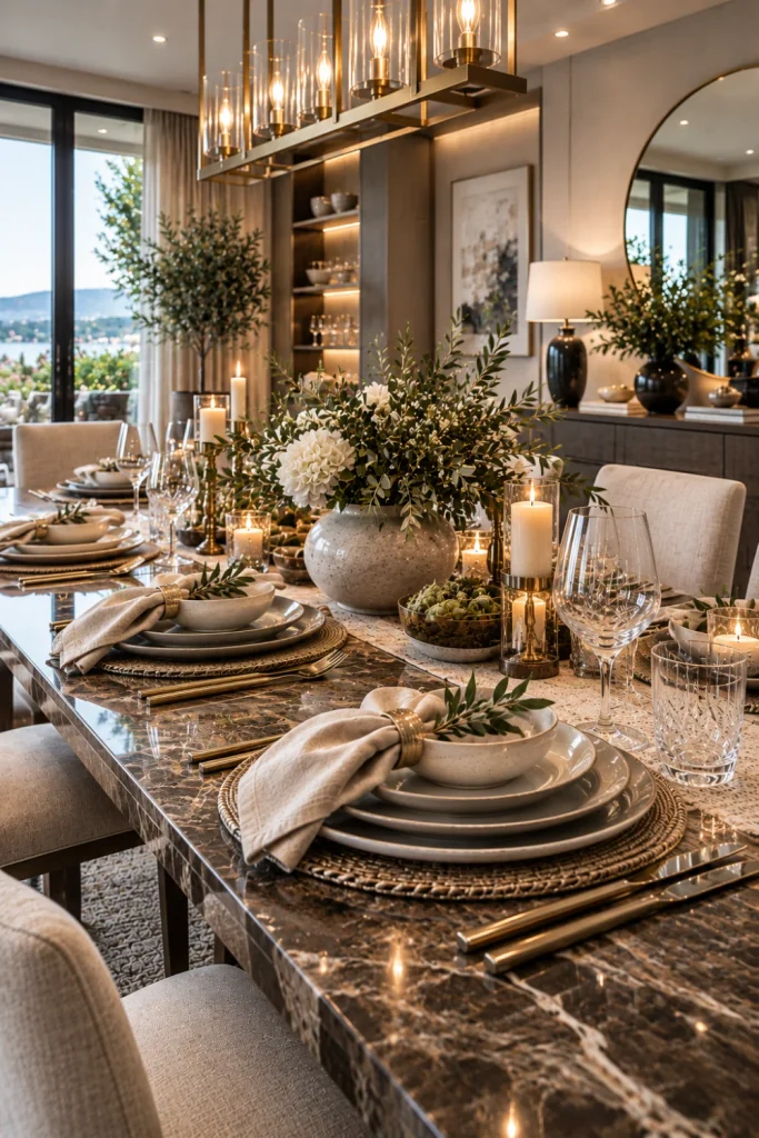 Luxury contemporary dining tablescapes with premium dinnerware, coordinated linens, statement centerpieces, polished finishes, and elegant modern furniture.