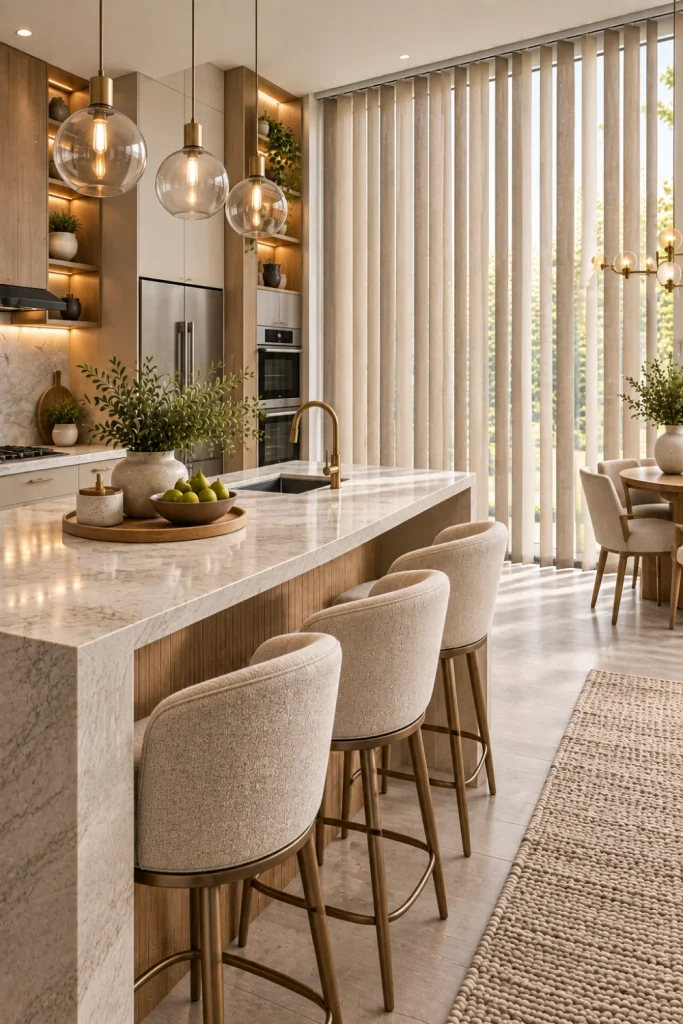 Upscale contemporary kitchen with luxury designer-style vertical blinds, refined neutral fabric, elegant oak and cream cabinetry, premium stone island, brass fixtures, sculptural lighting, integrated LEDs, and sophisticated décor.