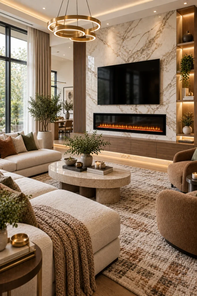 Luxury marble electric fireplace with cream sectional, sculptural furniture, brass accents, textured rug, modern chandelier, and elegant contemporary living room.