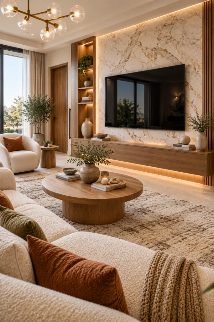 Elegant contemporary living room with a wall-mounted television on a dramatic warm marble-look feature wall, cream boucle seating, a natural wood console, sophisticated pendant lighting, a textured rug, concealed storage, and carefully curated neutral decor.