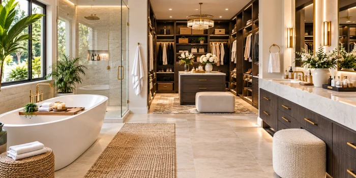 Modern bathroom walk-in closet layout with a luxurious vanity, glass shower, warm wood cabinetry, elegant lighting, and stylish storage.