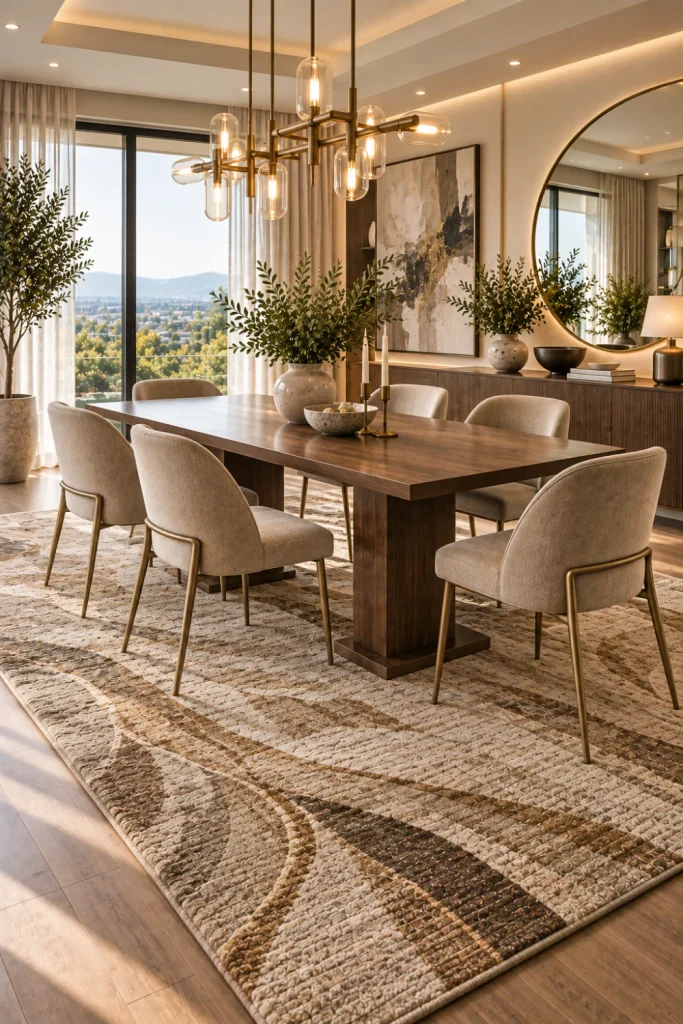 Luxury modern dining room with a sophisticated textured rug, sculptural chandelier, elegant dining furniture, modern mirror, and premium decor.