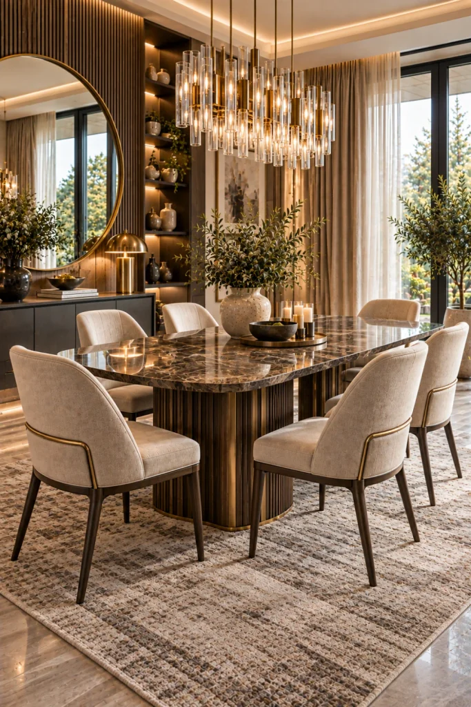 Luxury modern dining room set with premium dining furniture, elegant upholstery, chandelier, wall paneling, mirror, and sophisticated décor.
