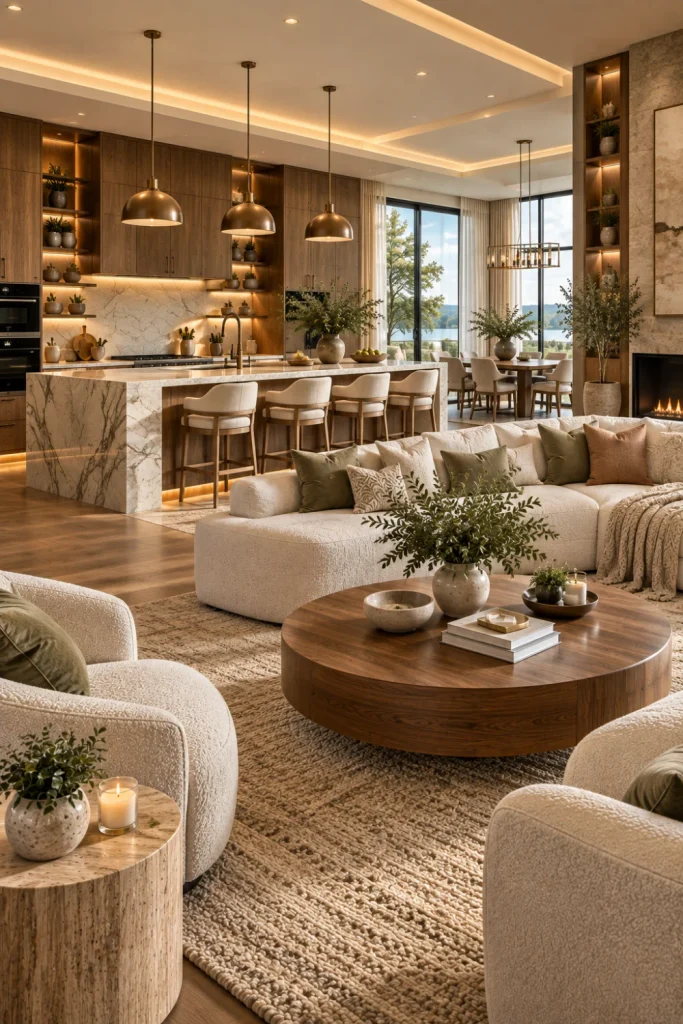 Luxury modern open concept kitchen and living room with a waterfall stone island, rich wood cabinetry, sculptural furniture, elegant lighting, premium finishes, and refined neutral decor.
