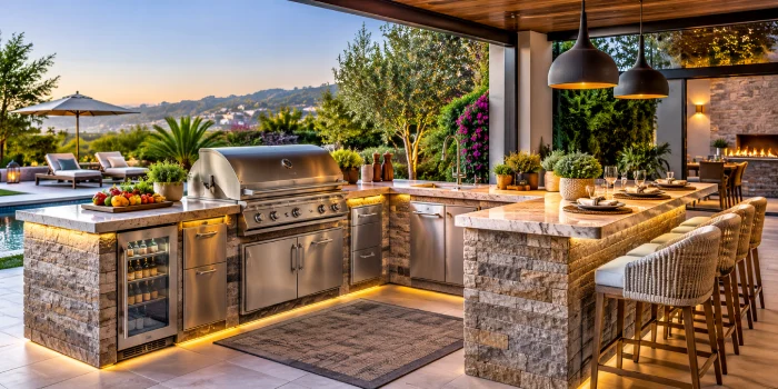 Luxury outdoor grill kitchen with a stone island, stainless steel grill, elegant bar seating, warm lighting, lush greenery, and a stylish poolside setting.