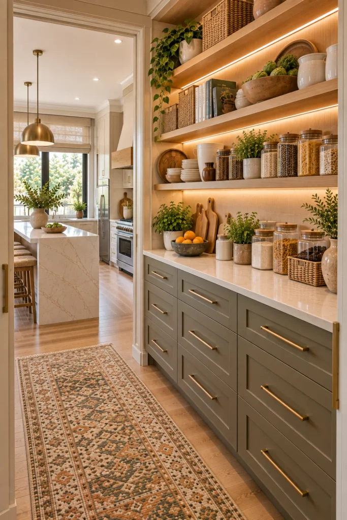 Luxury modern pantry with open upper shelves, concealed lower cabinetry, deep drawers, glass jars, warm oak accents, integrated lighting, and elegant kitchen finishes.