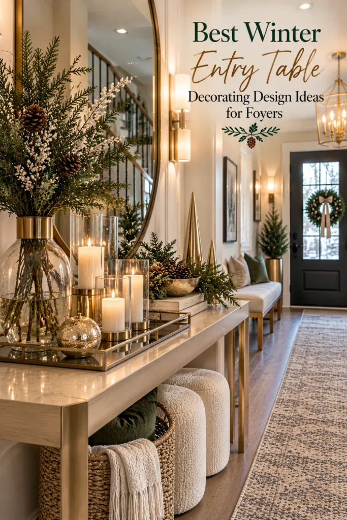 Luxury winter entry table with gold accents, glass candleholders, evergreen branches, elegant mirror, and sophisticated foyer decor.