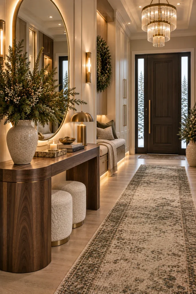 Luxury winter entryway with oversized statement mirror, premium console, plush runner, dramatic evergreen arrangement, concealed storage, brass details, and warm designer lighting.