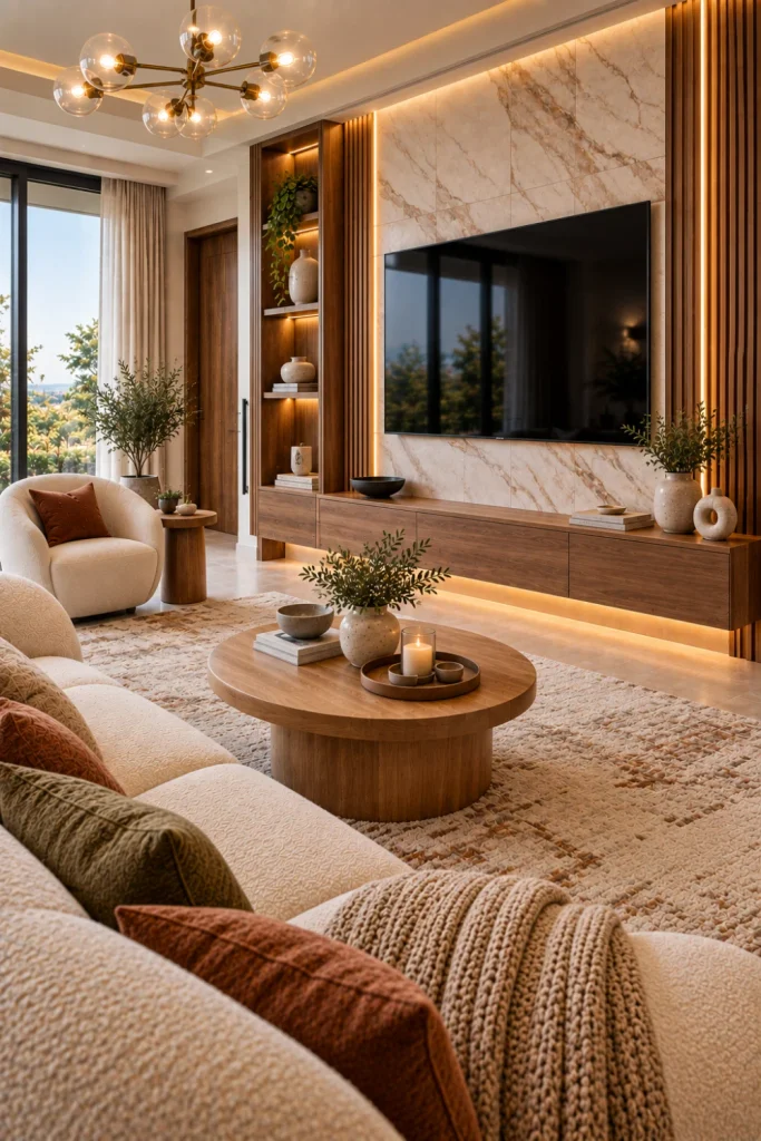 Luxury contemporary living room with a wall-mounted TV on a marble-and-wood feature wall, warm veined stone, vertical oak panels, floating walnut console, cream boucle seating, textured rug, integrated LED lighting, and elegant modern decor.