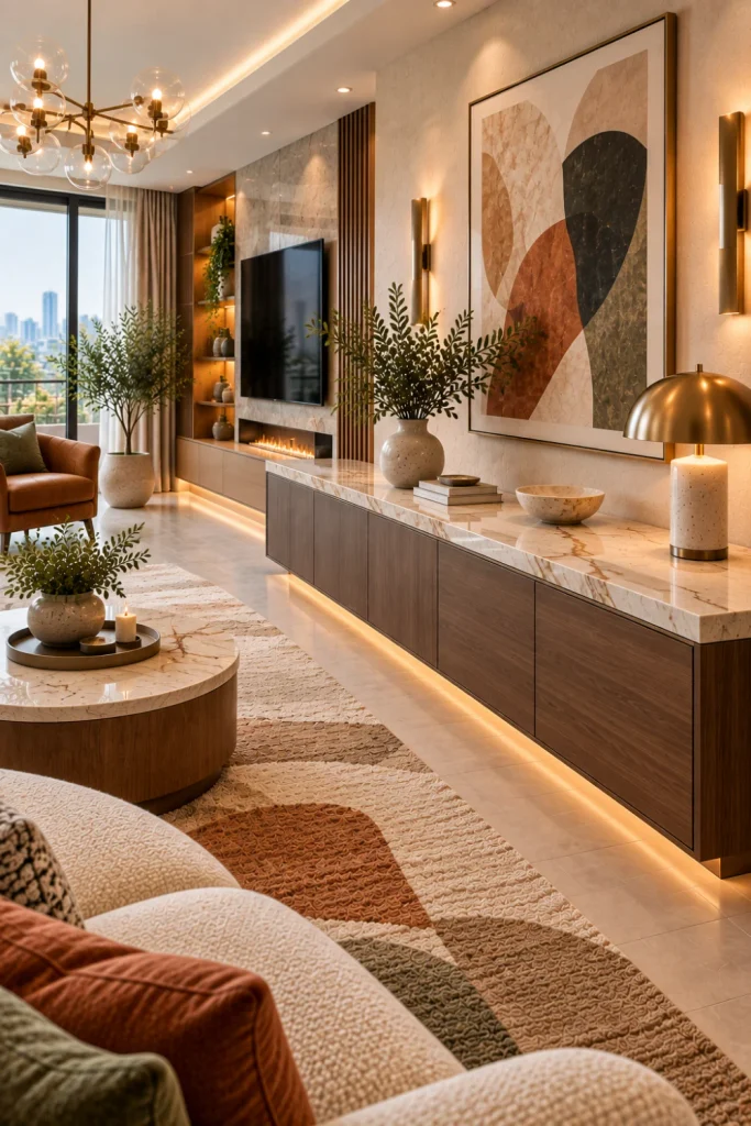 Marble-top console cabinet with elegant stone veining, warm contemporary furnishings, sophisticated lighting, luxury décor, and a modern living room rug.