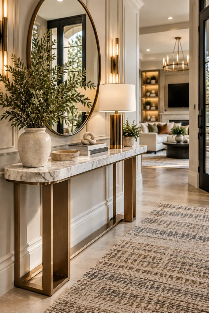 Elegant marble-top console table in a sophisticated modern entryway with brass accents, oversized mirror, luxury rug, sculptural decor, and layered lighting.