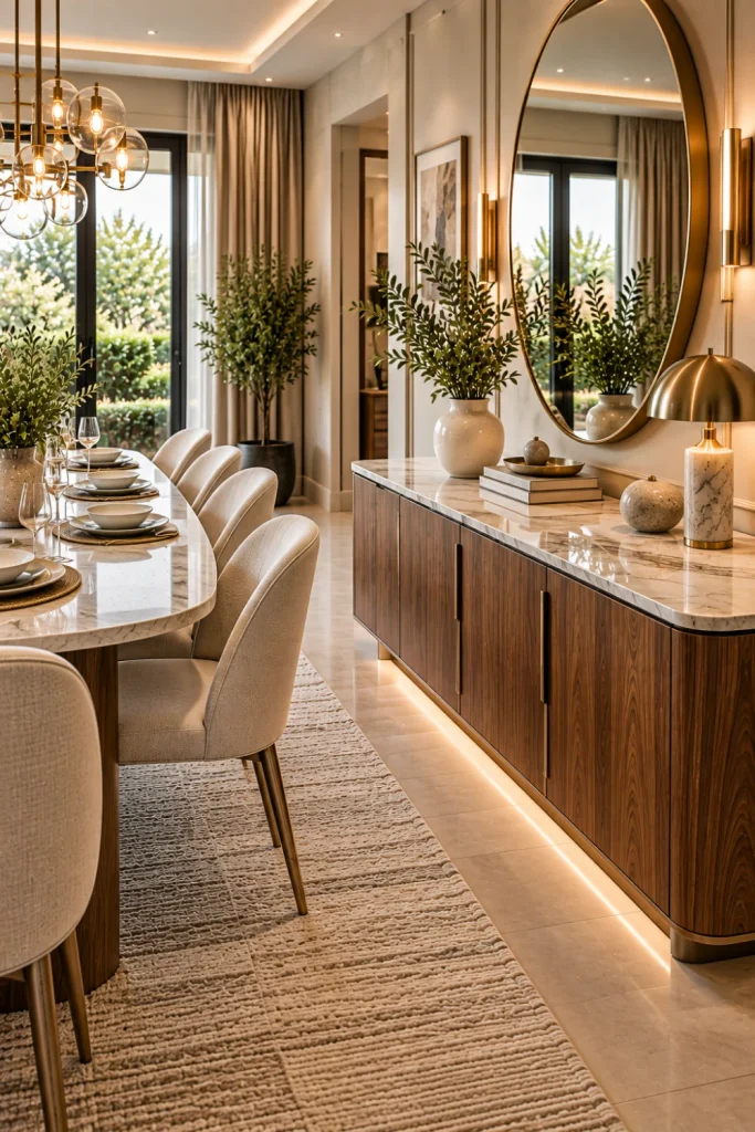 Elegant marble-top modern dining room sideboard with sophisticated stone surface, contemporary furniture, warm lighting, mirror, and luxury decor.