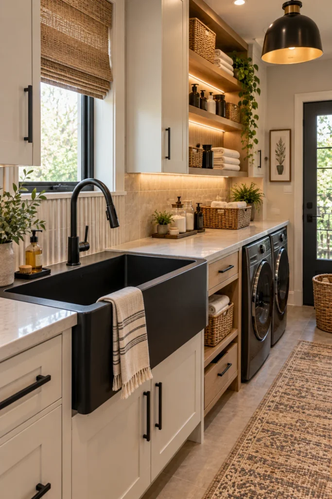 Modern laundry room with a matte black composite wash tub sink, black pull-down faucet, light cabinetry, warm timber accents, statement tile, woven rug, and contemporary lighting.