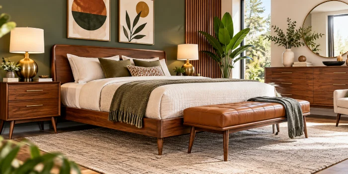 Best mid-century modern bed design ideas for bedrooms featuring a stylish walnut platform bed, warm neutral bedding, wood furniture, and elegant earthy decor.