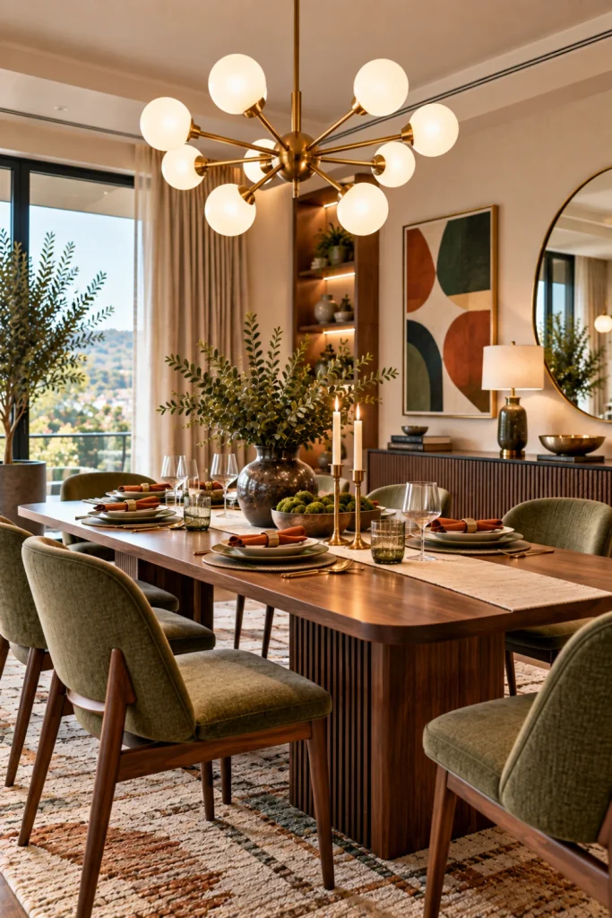 Mid-century modern chandelier over a stylish contemporary dining table with walnut furniture, brass accents, modern artwork, and warm elegant décor.