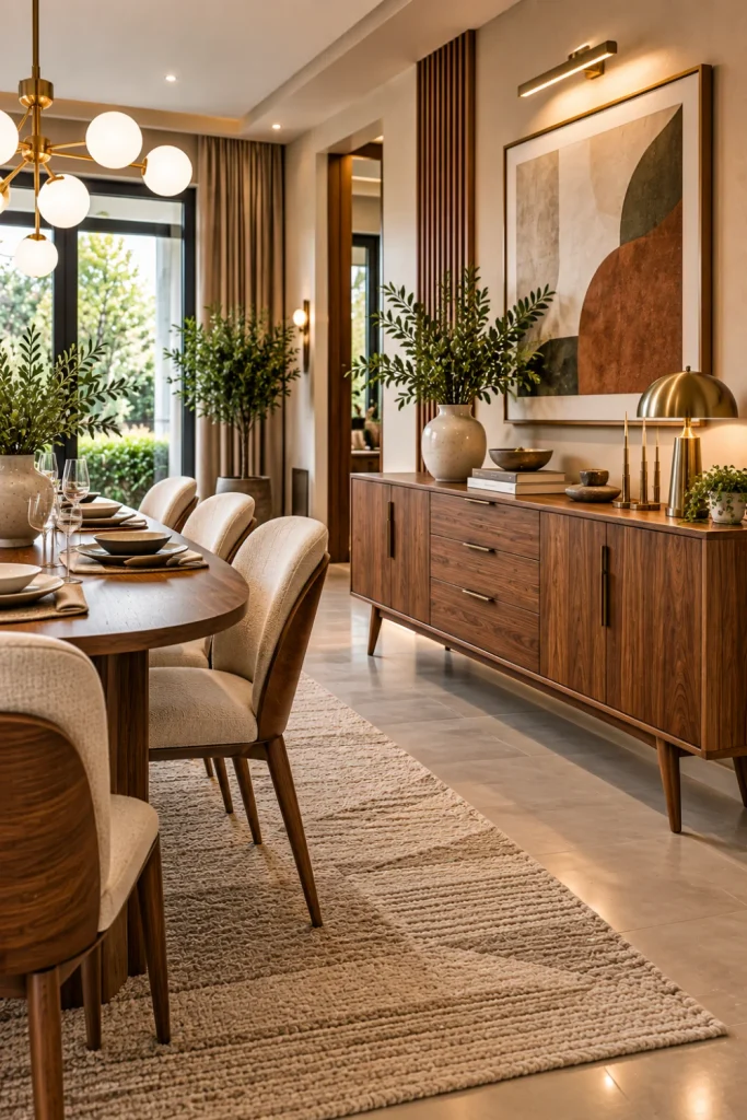 Mid-century modern dining room sideboard with tapered legs, warm walnut finish, contemporary dining furniture, stylish decor, and luxury lighting.
