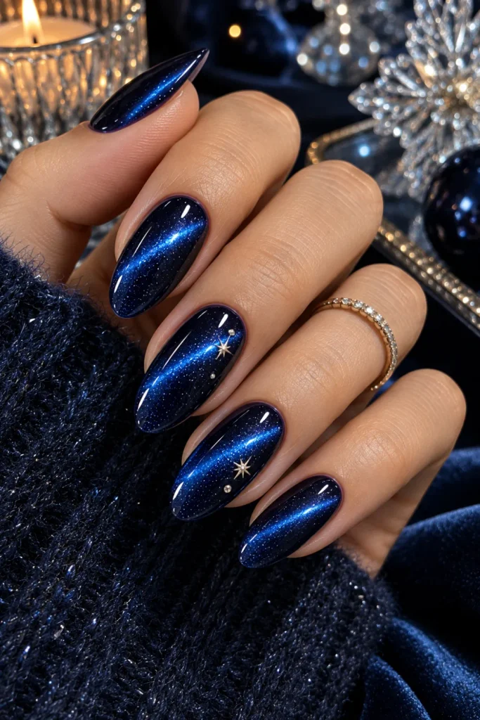 Midnight blue cat-eye winter nails with starlight shimmer, glossy almond shape, and dramatic celestial-inspired magnetic sparkle.