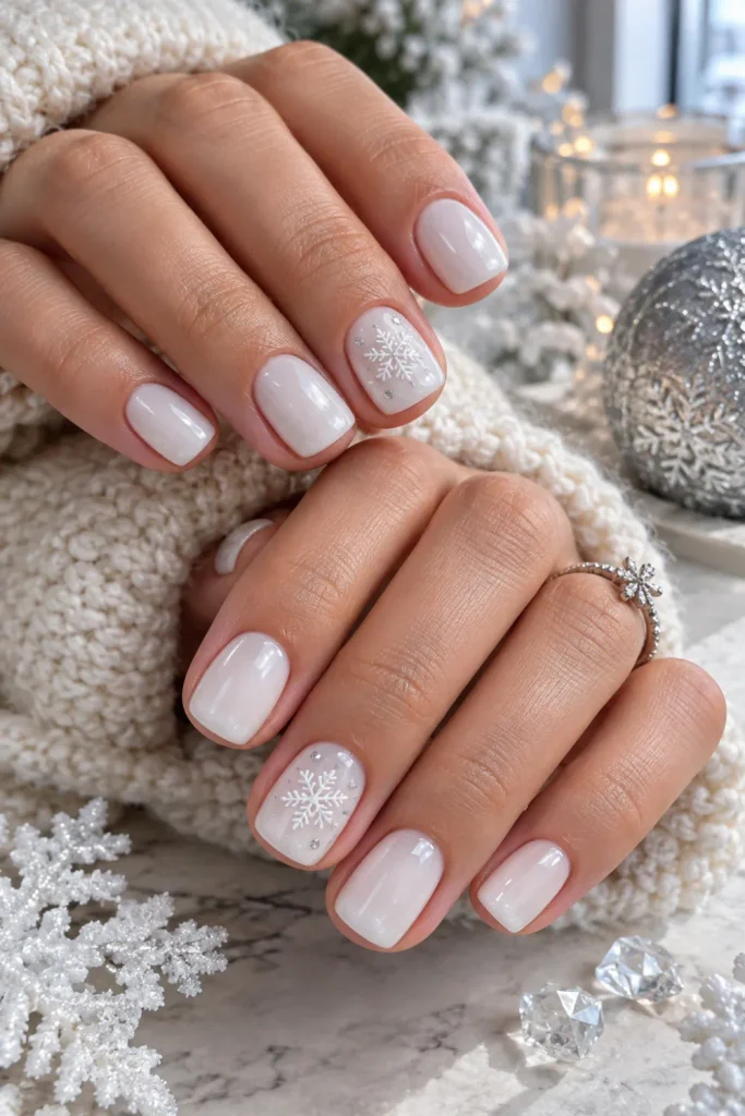 Milky white short winter nails with delicate snowflake accents, a glossy frosty finish, and elegant neutral styling for 2026.