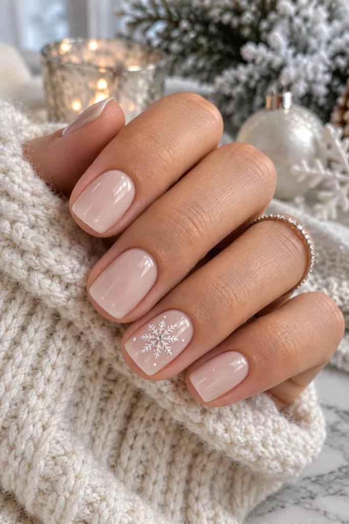 Neutral short nails with one delicate snowflake accent, glossy finish, and minimalist winter nail art styling for 2026.