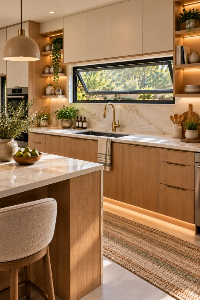 Sleek minimalist kitchen with a horizontal awning window, cream cabinetry, natural oak details, modern sink, integrated lighting, textured rug, and elegant contemporary decor.