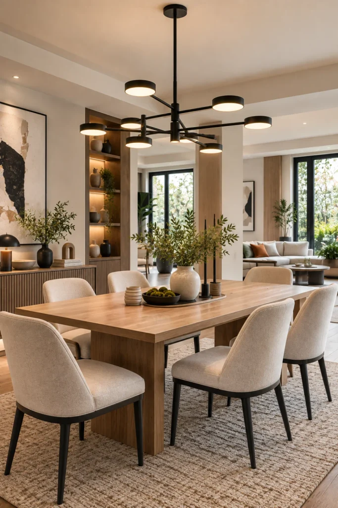Minimalist black chandelier above a contemporary dining table with cream upholstered chairs, light wood finishes, modern cabinetry, and elegant neutral decor.