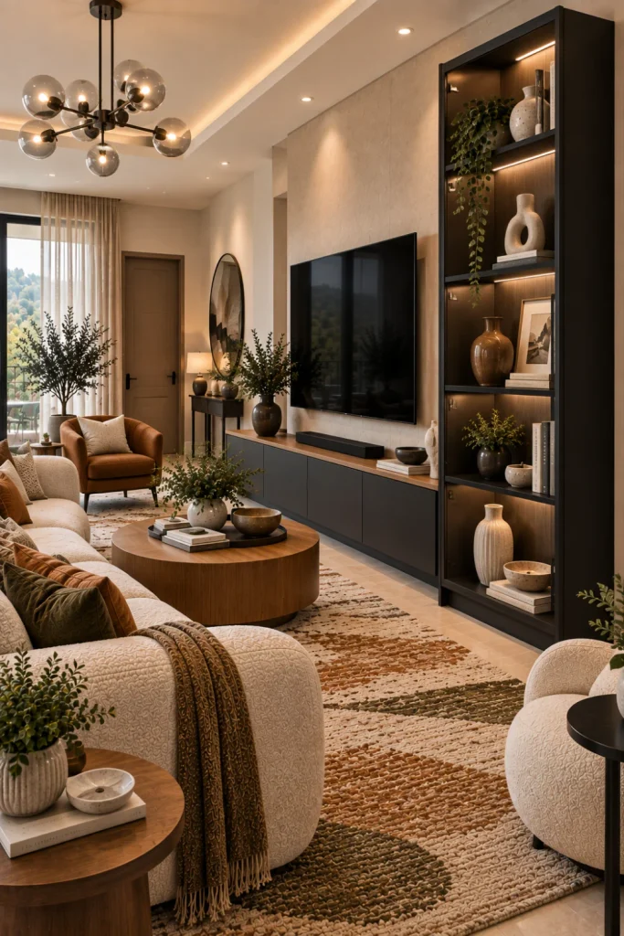 Slim matte-black minimalist display cabinet against a cream wall in a modern living room with light wood furniture, neutral decor, a cream sofa, a contemporary rug, and a wall-mounted TV.