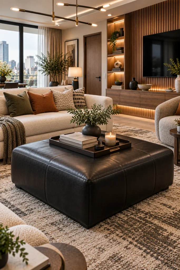 Minimalist black leather ottoman coffee table with a low-profile silhouette in a sophisticated contemporary living room with a cream sofa, textured rug, walnut console, fluted oak TV wall, warm LED cabinetry, modern chandelier, and restrained decor.