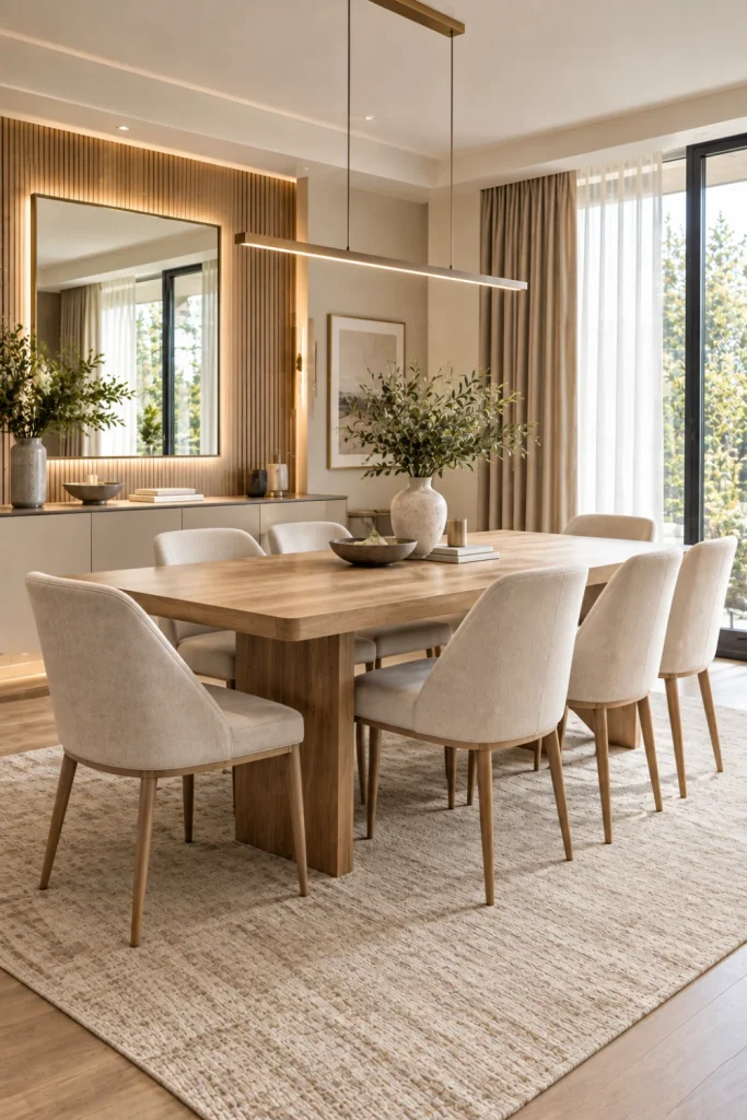 Minimalist dining table and chair set in a clean modern room with neutral colors, sleek lighting, and simple décor.
