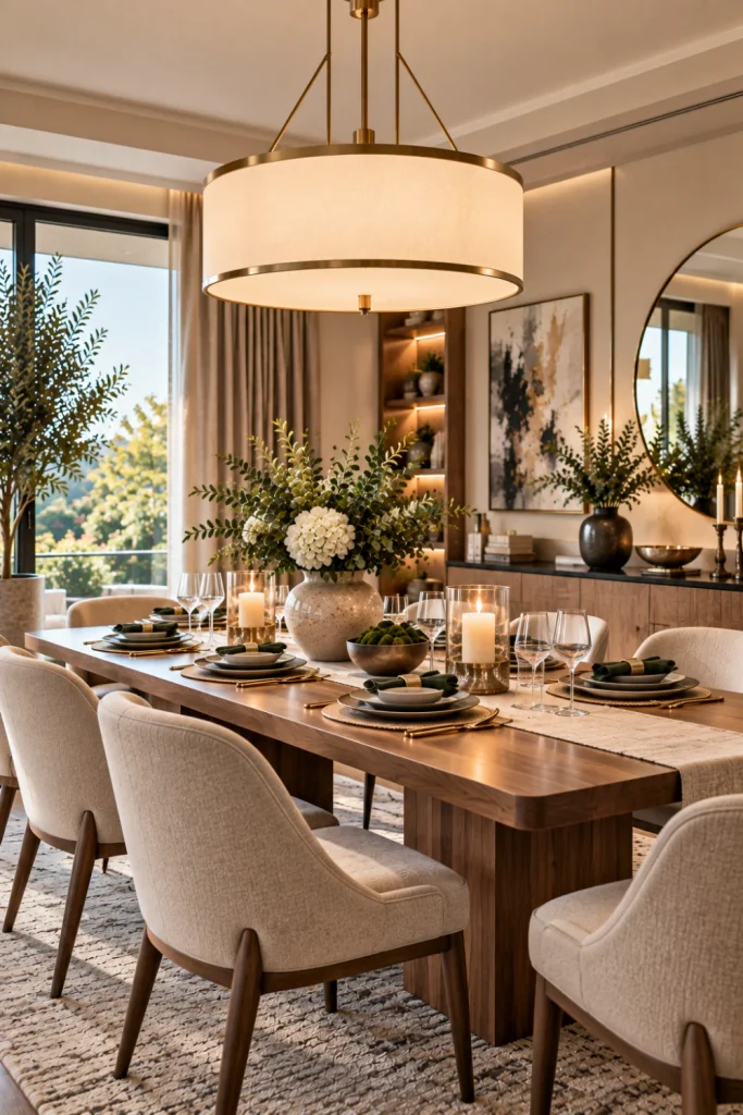 Minimalist drum chandelier with soft diffused lighting above a polished modern dining room featuring neutral tones, wood, marble, and contemporary décor.