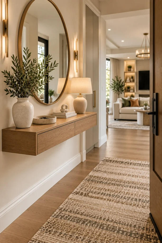 Minimalist floating console table in a small modern foyer with open floor space, round mirror, warm lighting, textured rug, hidden drawer storage, and contemporary decor.