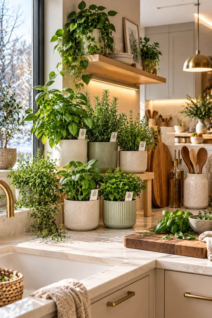 Minimalist indoor herb garden with sleek containers, fresh herbs, light wood cabinetry, modern kitchen decor, and warm winter lighting.