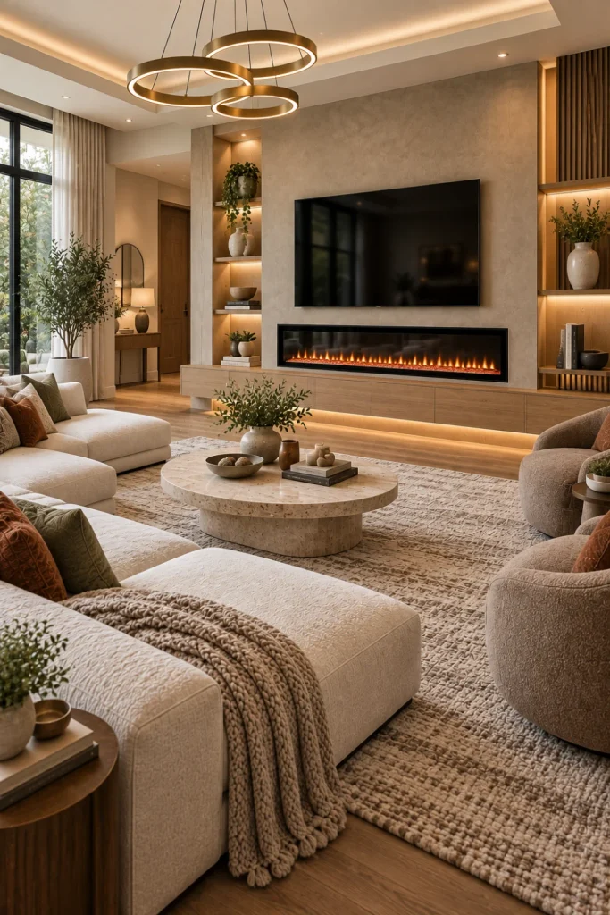 Minimalist linear electric fireplace with neutral wall, low-profile furniture, textured rug, warm wood accents, soft lighting, and calm contemporary living room.