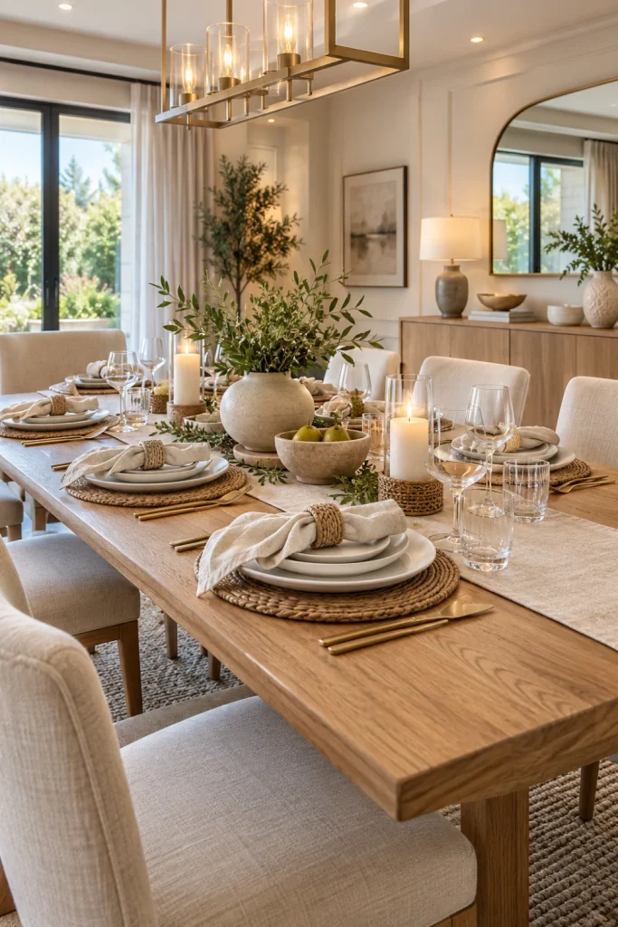 Minimalist neutral modern dining table setting with layered white dinnerware, linen napkins, natural wood, greenery, and elegant contemporary décor.