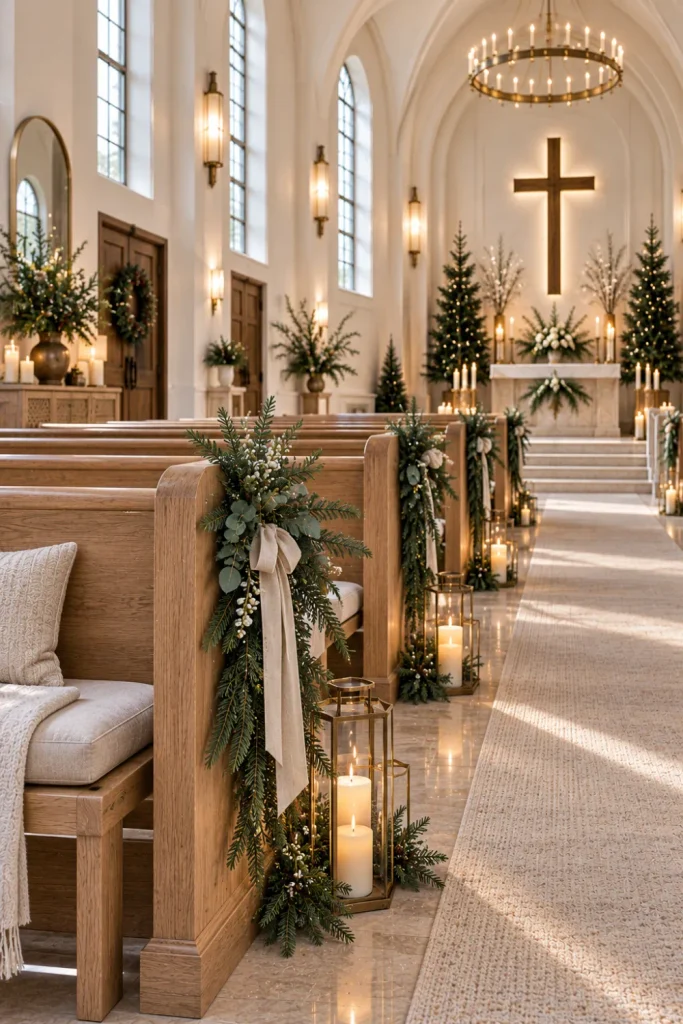 Minimalist Scandinavian winter church decorated with pale oak pews, sage greenery, neutral textiles, candles, and modern lighting.