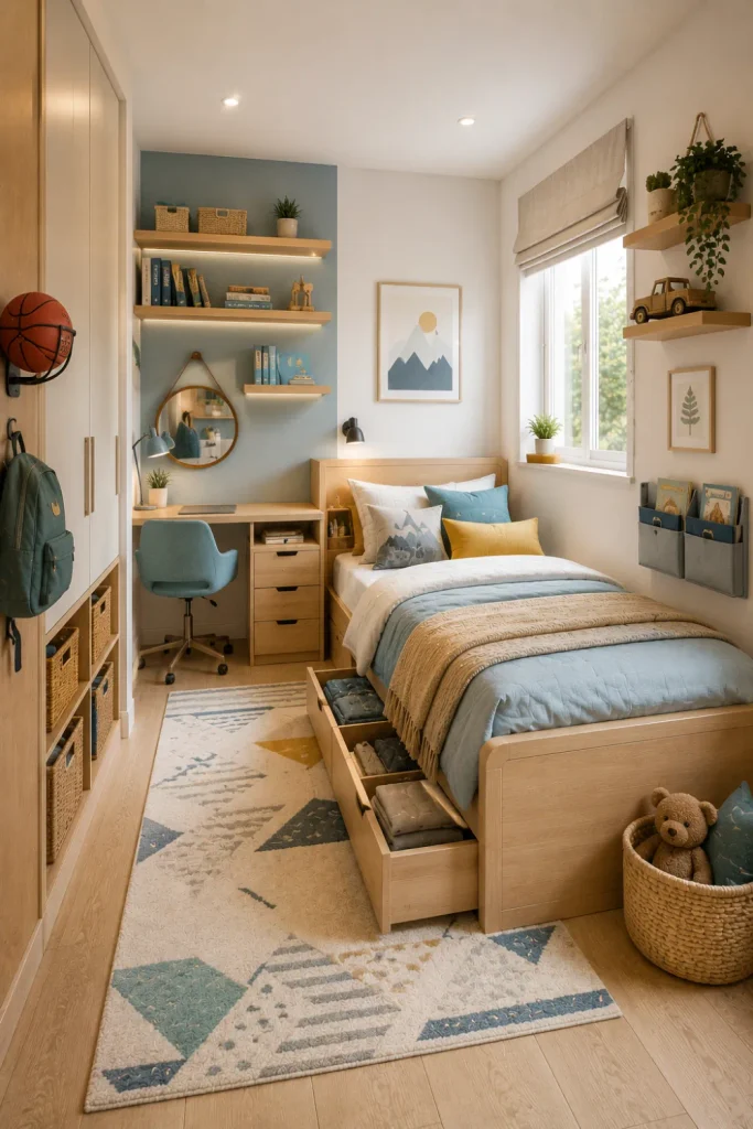Minimalist small boy’s bedroom with smart storage, compact furniture, light wood, soft blue accents, and modern space-saving 2026 design.