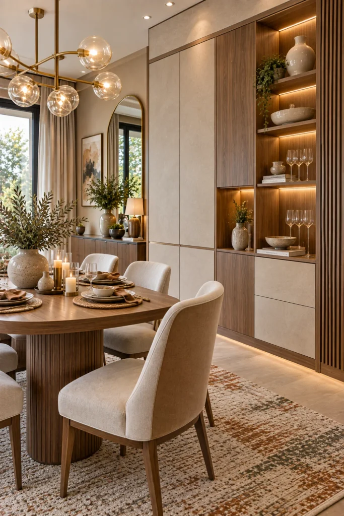 Minimalist statement cabinet in a luxury modern dining room with sculptural design, warm lighting, elegant dining table, textured rug, mirror, and contemporary decor.