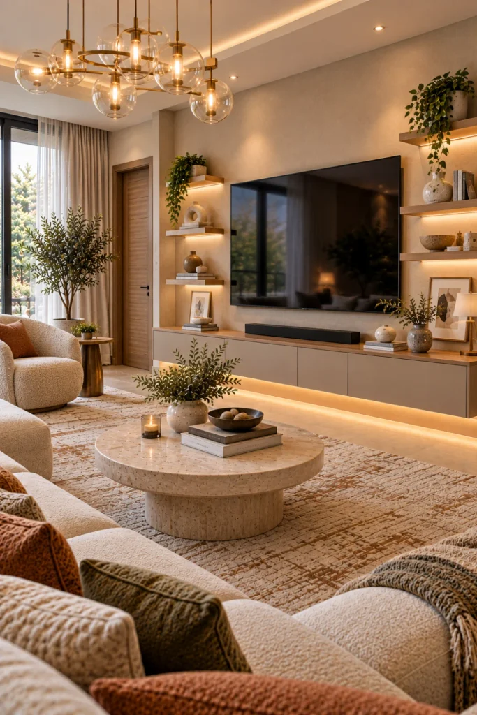 Minimalist modern TV setup with floating shelves, neutral décor, warm wood cabinetry, soft lighting, contemporary seating, and a plush area rug.