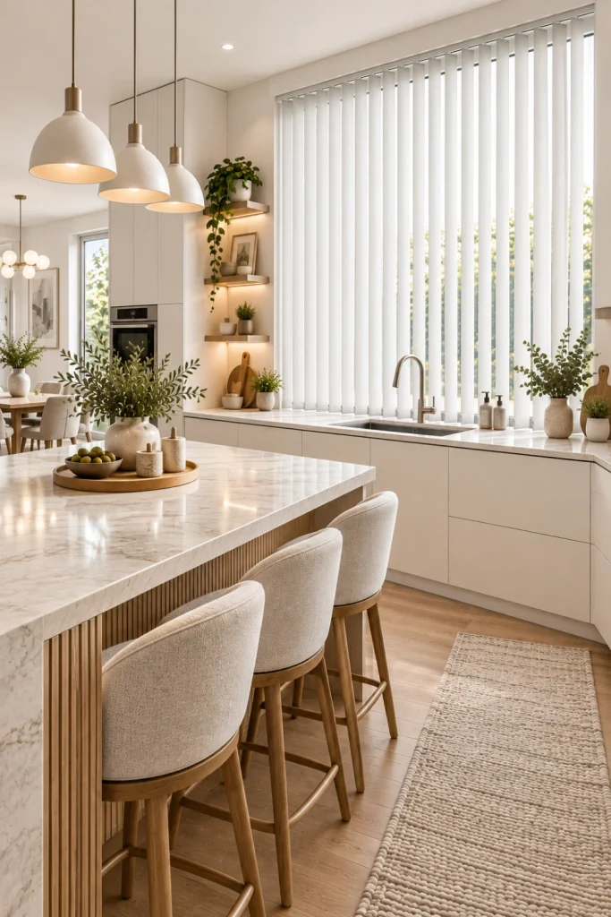 Luxury minimalist kitchen with white-on-white vertical blinds blending into white walls and cabinetry, a streamlined cream island, pale oak details, integrated LED lighting, modern appliances, stone countertops, and elegant neutral décor.