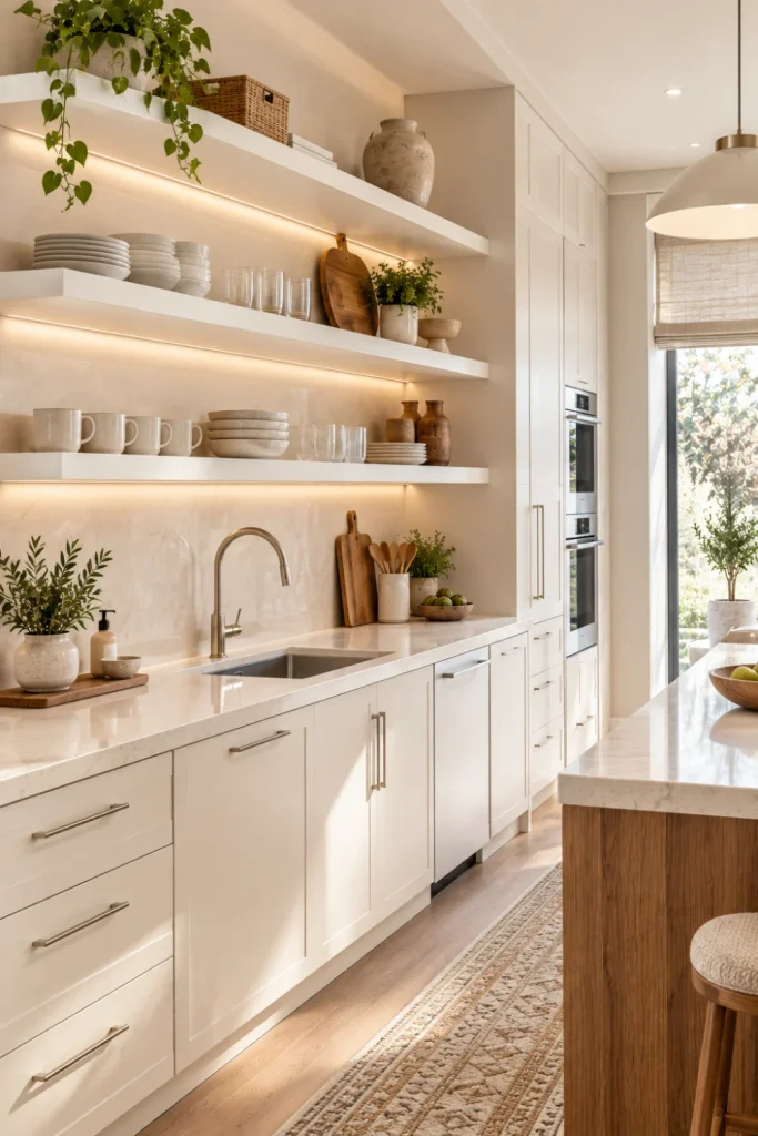 Minimalist white floating kitchen shelves styled with ivory dishes, neutral ceramics, glassware, greenery, and warm wood accents against a bright contemporary kitchen backsplash.