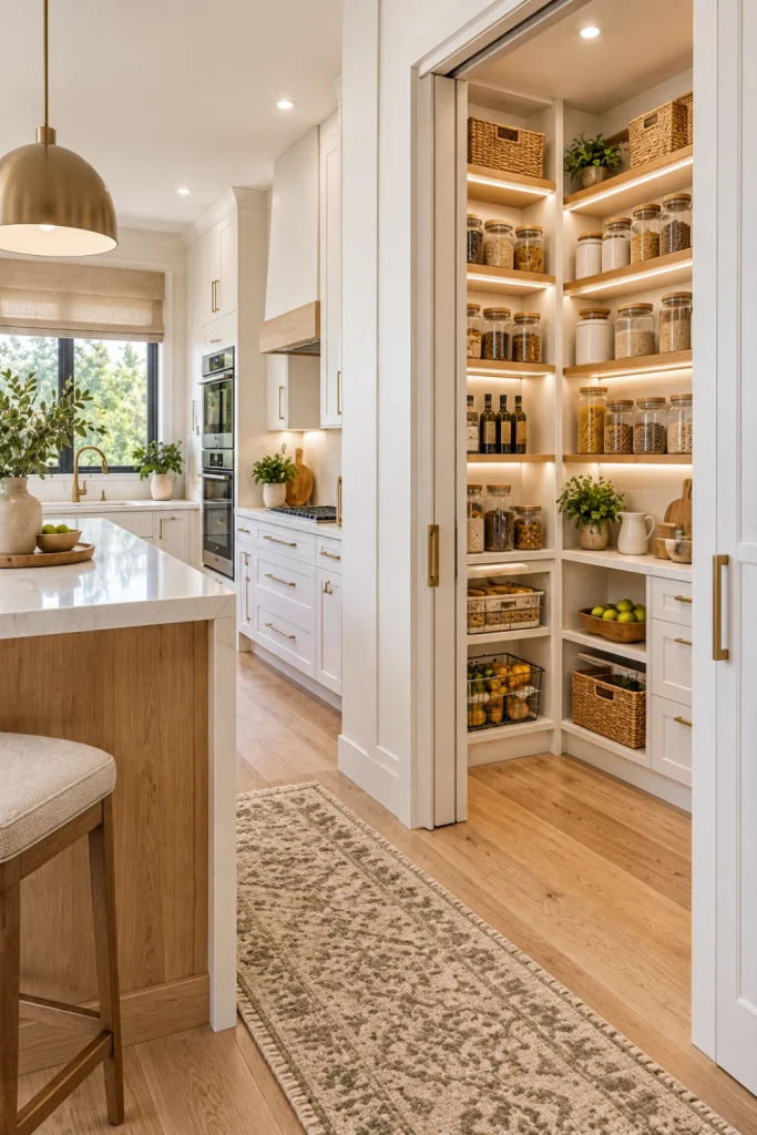 Minimalist white open-door pantry with crisp shelving, slim oak accents, clear containers, concealed drawers, natural light, and modern kitchen decor.