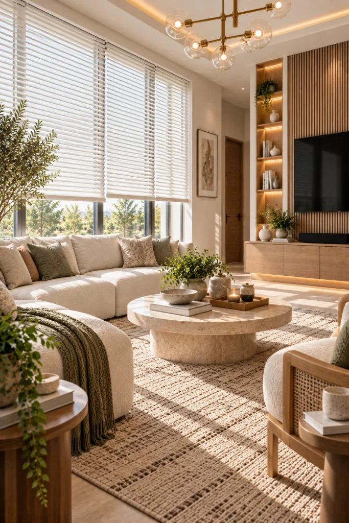 Minimalist white Venetian blinds in a crisp contemporary living room with light wood furniture, textured carpet, wall-mounted TV, and elegant modern lighting.