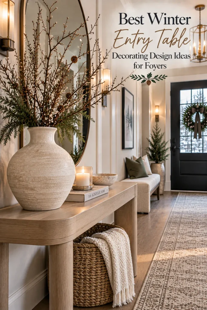 Minimalist winter entry table with one statement vase, sculptural branches, soft lighting, a modern mirror, and neutral foyer styling.