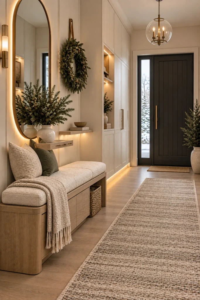Minimalist winter entryway with a modern bench, simple wreath, neutral runner, sculptural mirror, concealed storage, and warm minimalist lighting.