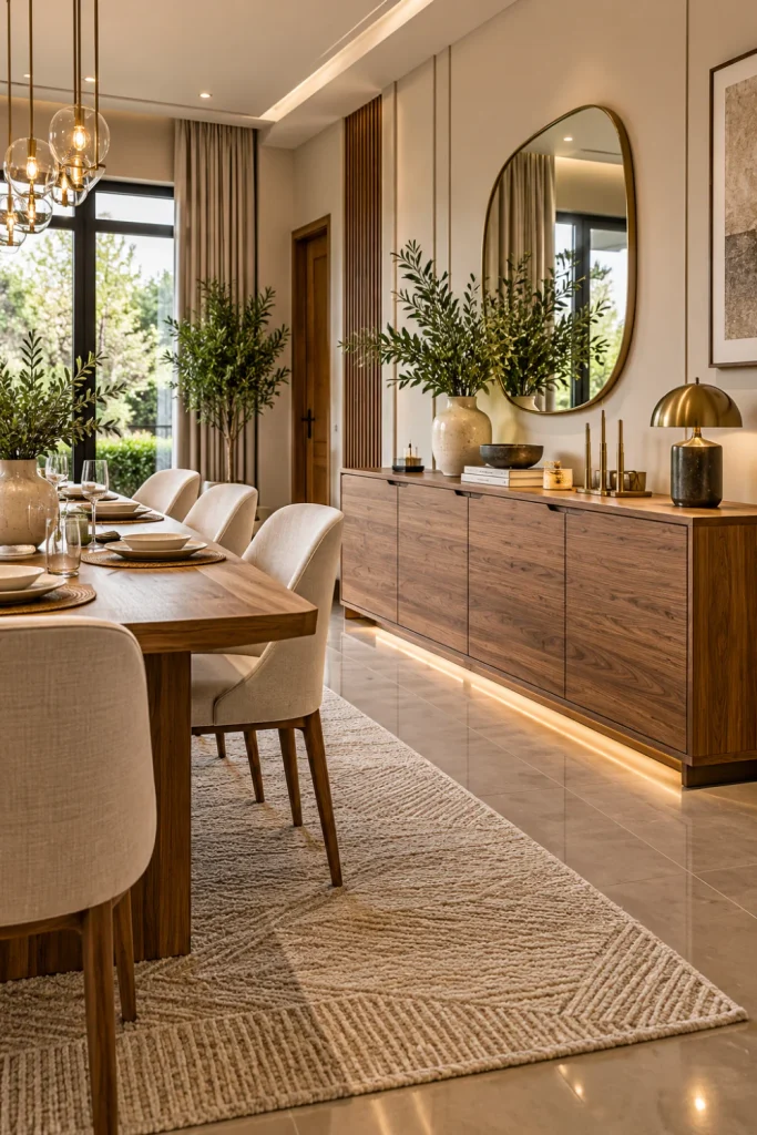 Minimalist wood sideboard in a warm modern dining room with natural textures, elegant lighting, contemporary furniture, and refined decor.