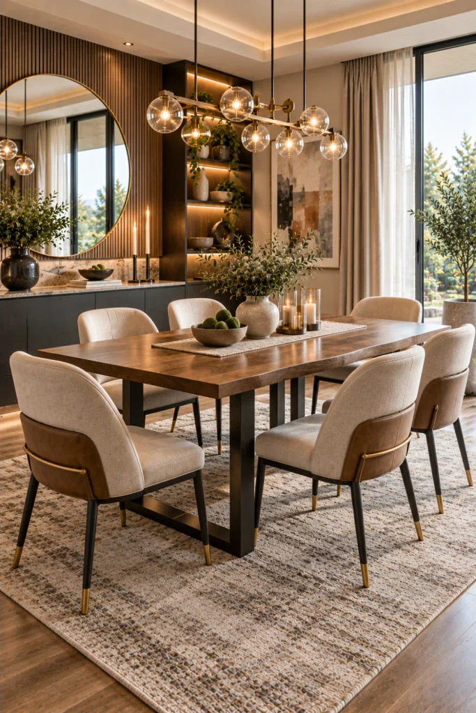 Mixed-material modern dining set combining wood, metal, upholstery, contemporary cabinetry, mirror, and layered lighting.