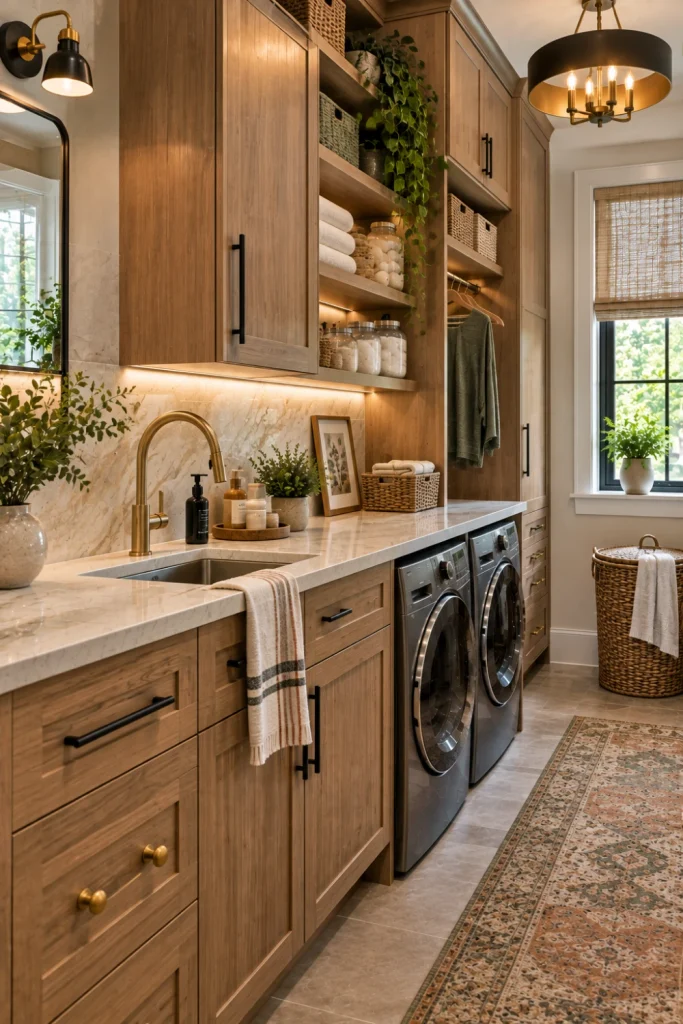 Contemporary laundry room combining warm wood cabinetry, brass fixtures, matte black hardware, stone backsplash, quartz countertop, and modern layered lighting.