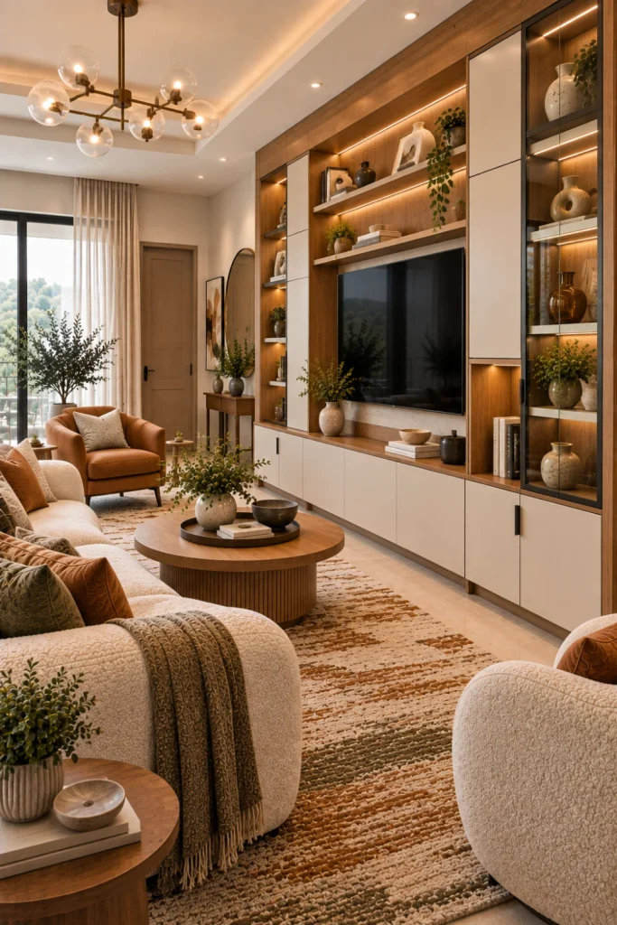 Mixed open-and-closed display cabinet with open shelves for books and ceramics and concealed storage for clutter, integrated beside a wall-mounted TV in a luxurious contemporary living room.