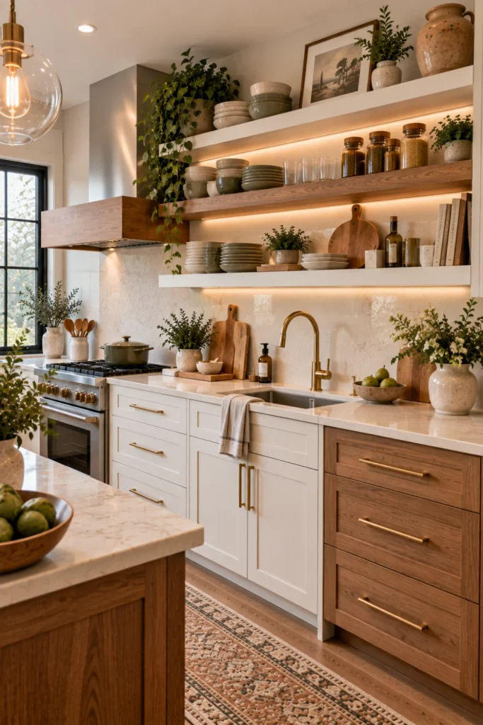 Contemporary kitchen featuring warm wood and white open shelves styled with ivory dishes, green ceramics, glassware, plants, and natural wood accessories against elegant white cabinetry.